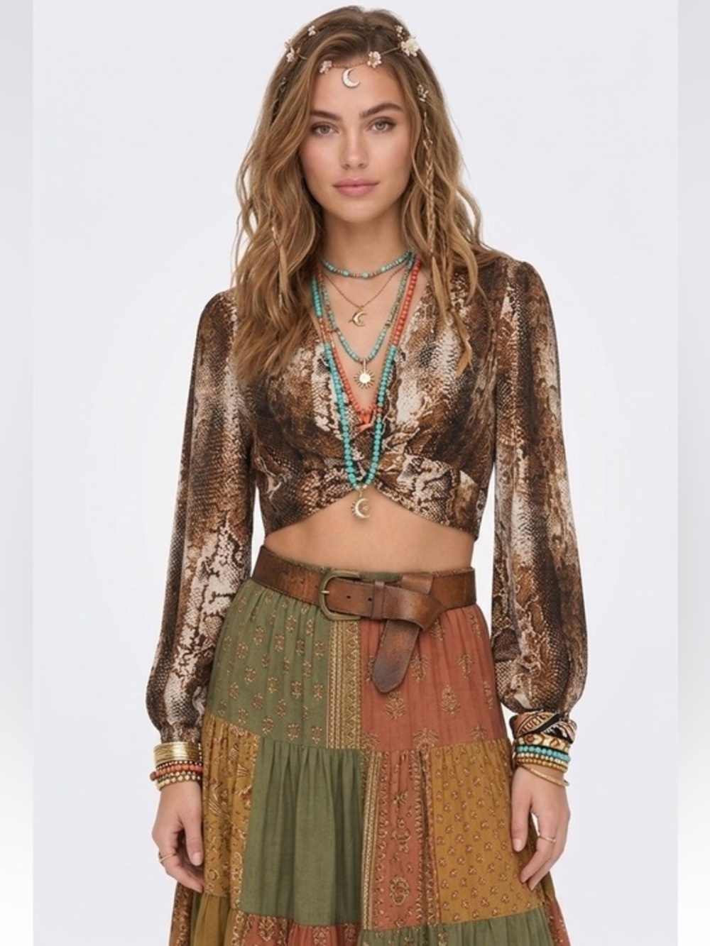 Guess Brown Snake Print Long Sleeve Cropped Top Size Large